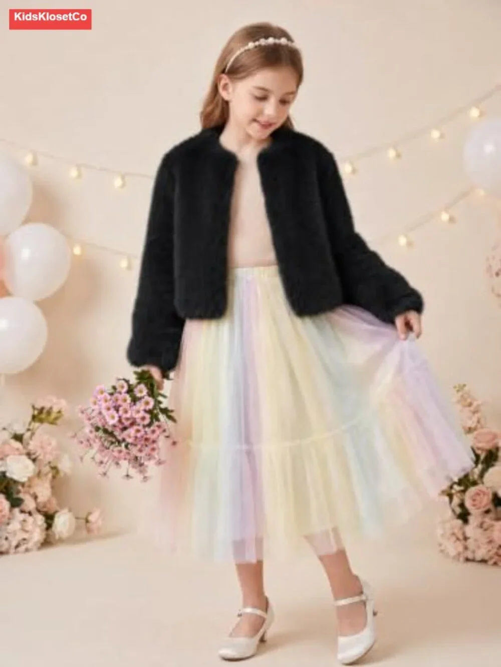 Faux Fur Girls Dress Coat Fluffy Open Front Long Sleeve Jacket